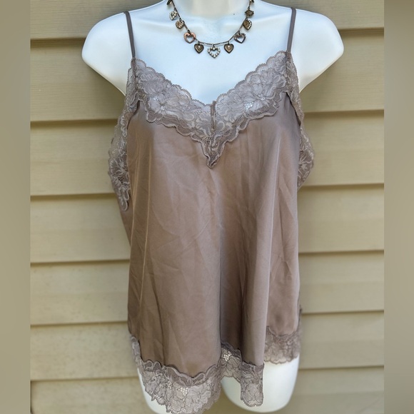 Express M Y2K conscious edit Satin lace cocoa strappy tank blouse - Picture 1 of 6